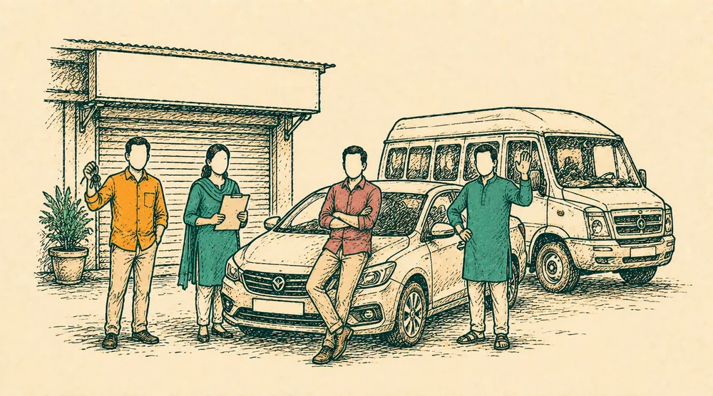 Hand-drawn sketch of the Cini Travels team standing with a car and a tempo traveller